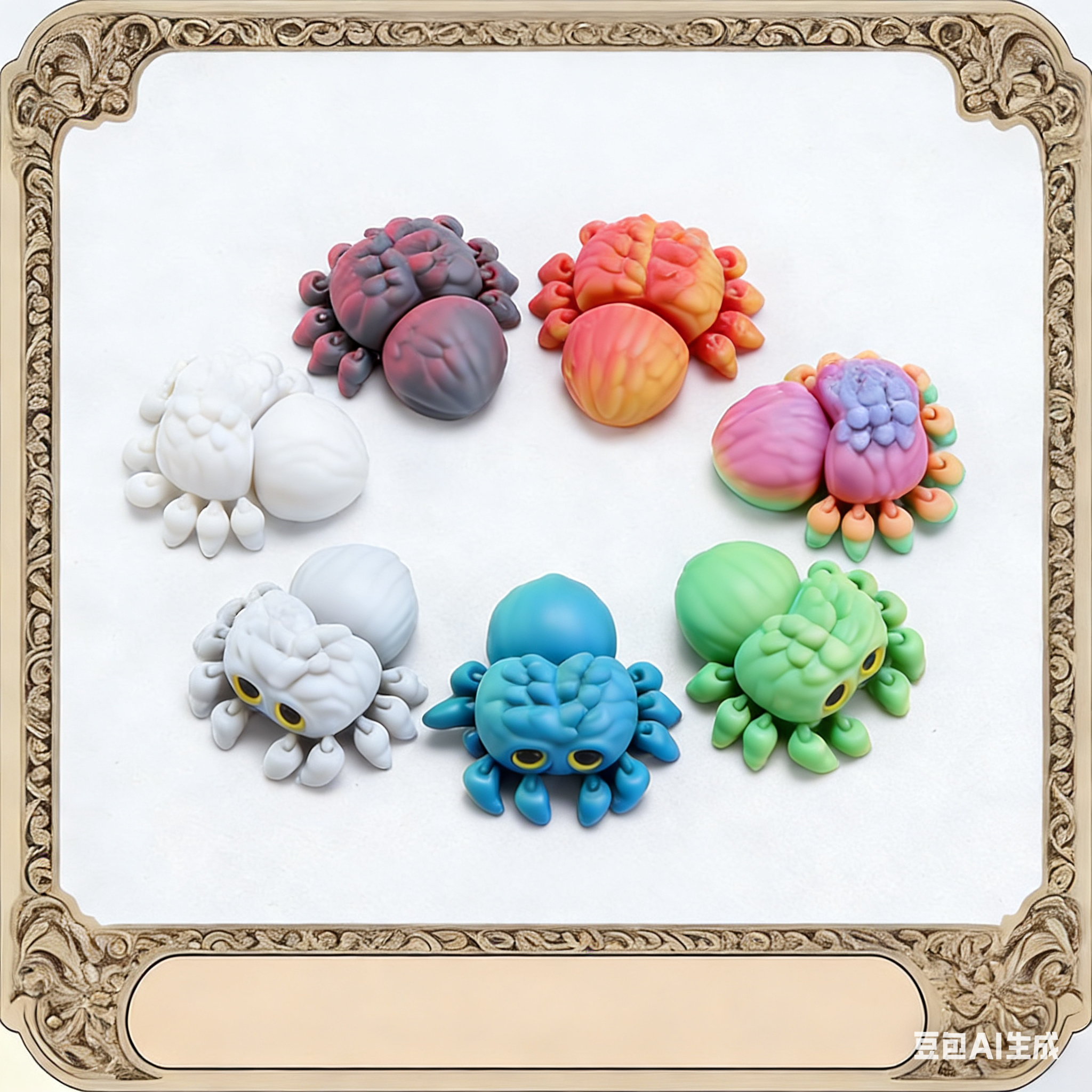 3D printed toy cute baby spider with big eyes, cute decorative item, realistic animal model