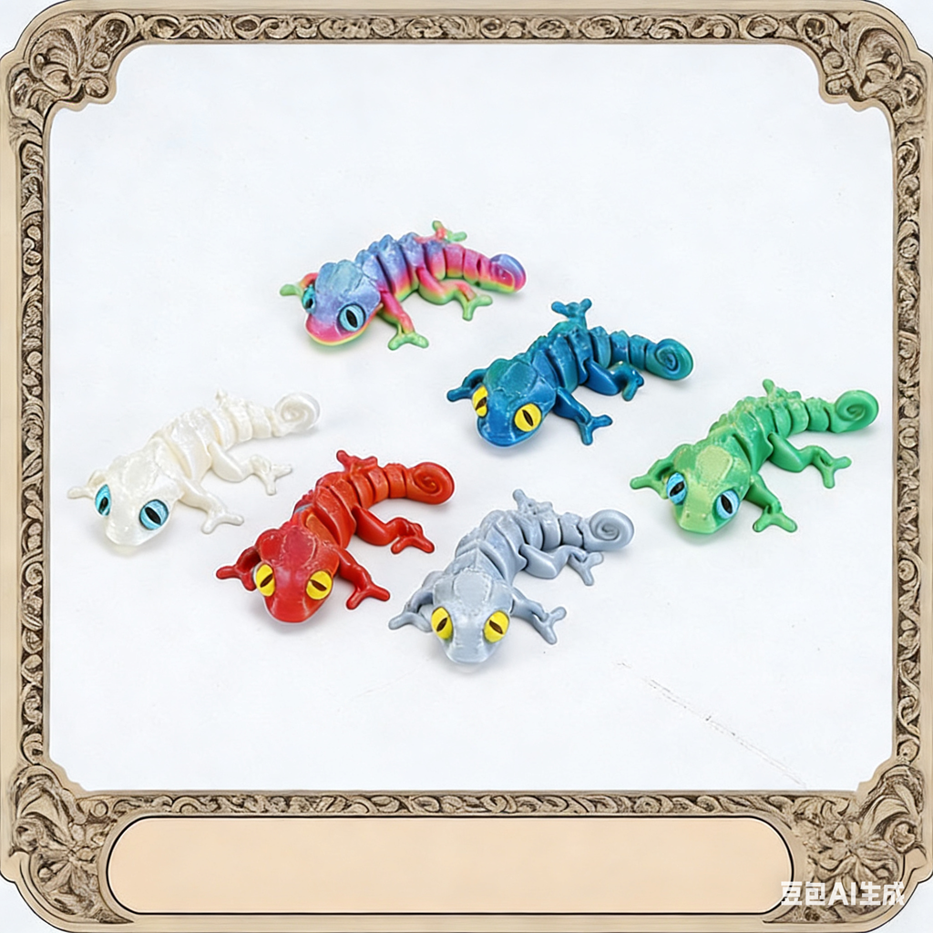 3D printed chameleon lizard with movable joints - a popular realistic pet model gift for kids, a funny toy, for sale at a stall.