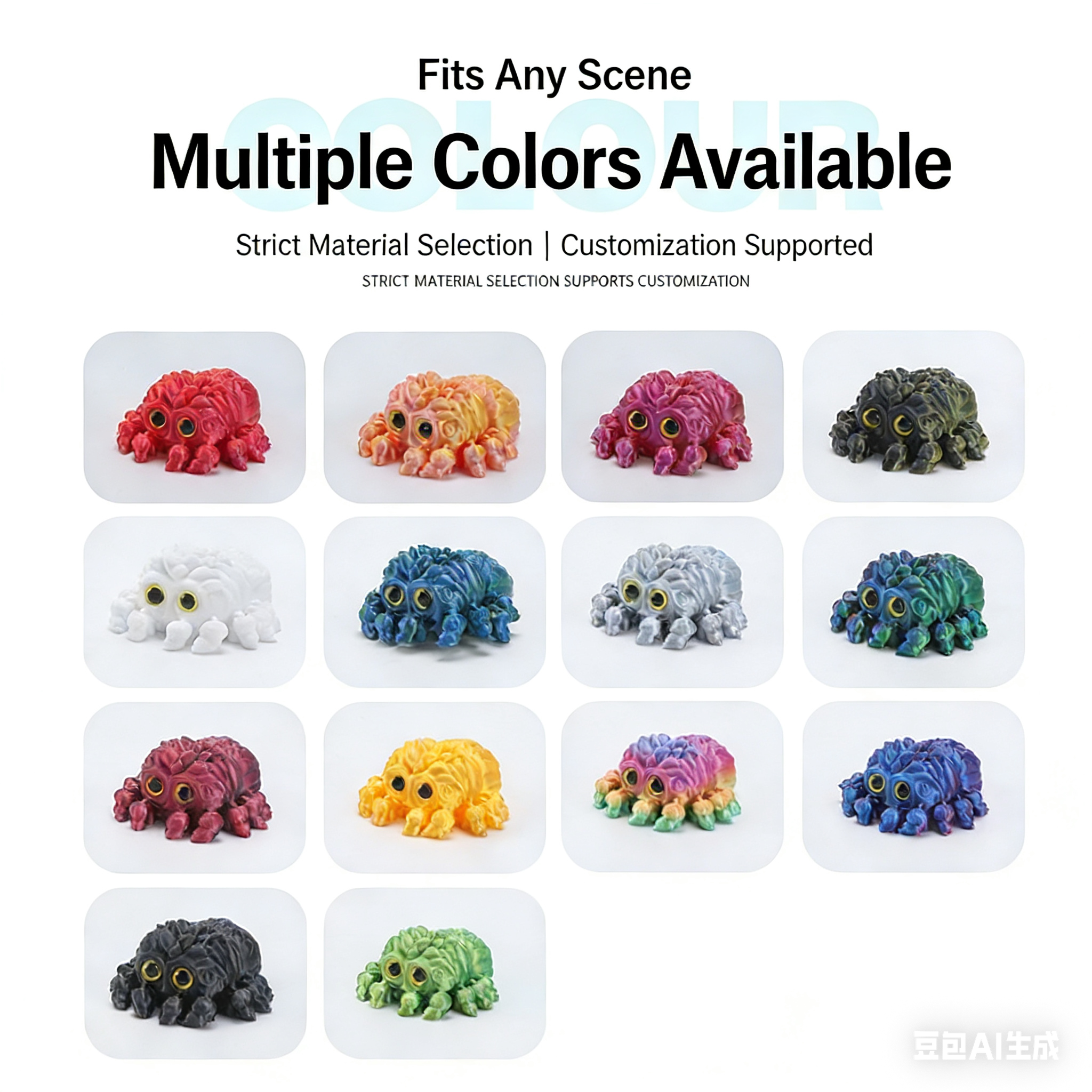 3D printed toy cute baby spider with big eyes, cute decorative item, realistic animal model