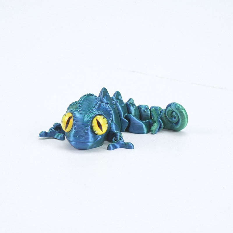 3D printed chameleon lizard with movable joints - a popular realistic pet model gift for kids, a funny toy, for sale at a stall.