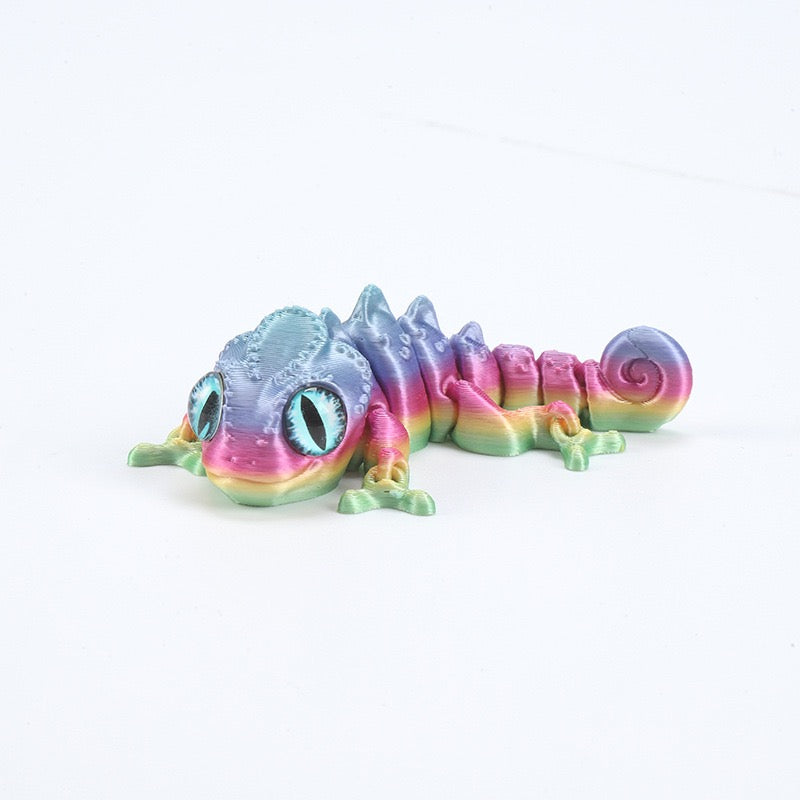 3D printed chameleon lizard with movable joints - a popular realistic pet model gift for kids, a funny toy, for sale at a stall.